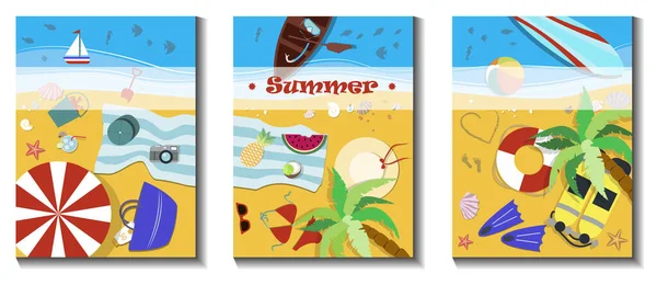 A set of three beach holiday illustrations. Flat vector, top view of the beach with the sea, umbrellas, sun beds, surfing and other summer accessories for sea adventures. — Stock Vector