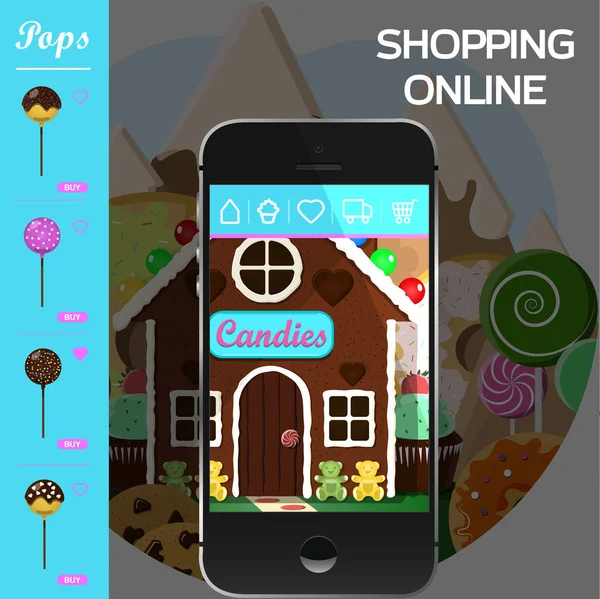 Aplicação on-line para uma loja de doces e padaria. Casa de gengibre como uma loja de doces, bolos, bolos e donuts com entrega em domicílio rápido. encomendar através de um smartphone, tablet ou site . — Vetor de Stock