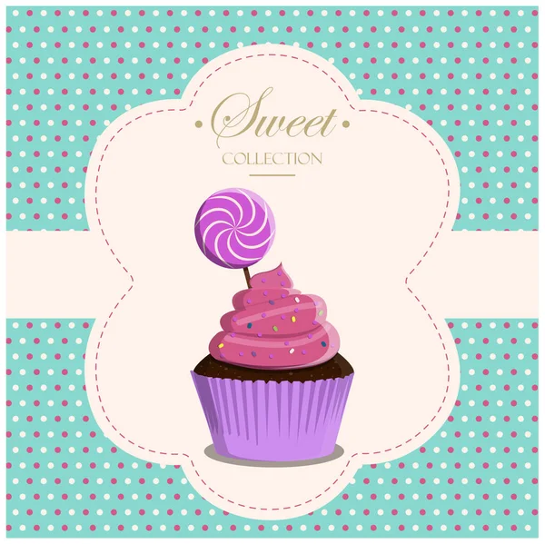 Cupcake em um estilo retro com um fundo geométrico e elementos retro. Vector cartão de saudação para um aniversário ou feriado. Sobremesa para um site, padaria, menu ou pastelaria —  Vetores de Stock