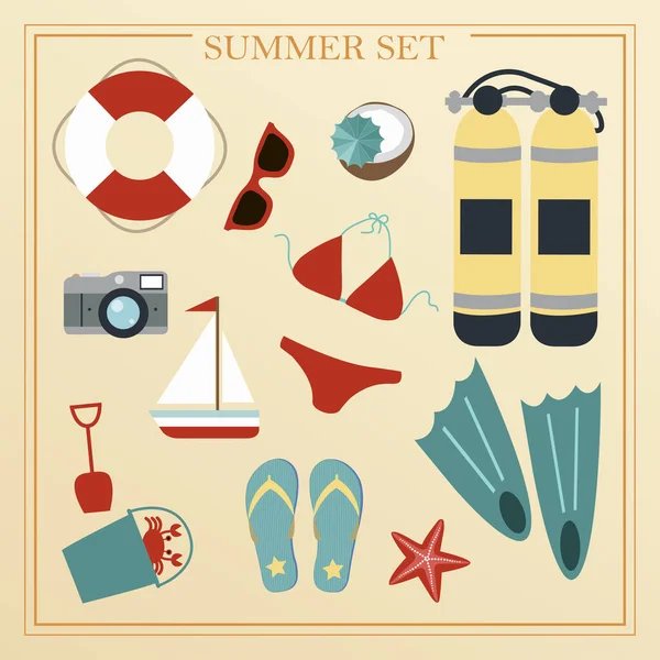 Un ensemble d'articles d'été de plage plate. Accessoires pour vacances à la plage au bord de la mer. Maillot de bain, cylindres de plongée, transat, appareil photo et autres icônes pour créer des affiches estivales . — Image vectorielle