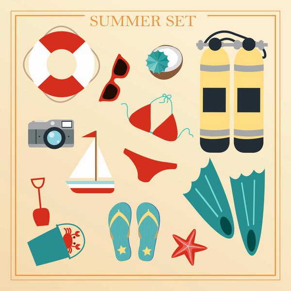 A set of flat beach summer items. Accessories for beach holidays by the sea. Swimsuit, diving cylinders, sunbed, camera and other icons for creating summer posters.