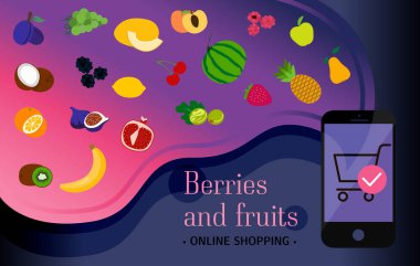 Smartphone screen with the order of berries and fruits via the app with home delivery. Flat illustration with a huge variety of eco-farm food products over the Internet. Poster for an ad, banner for a clipart