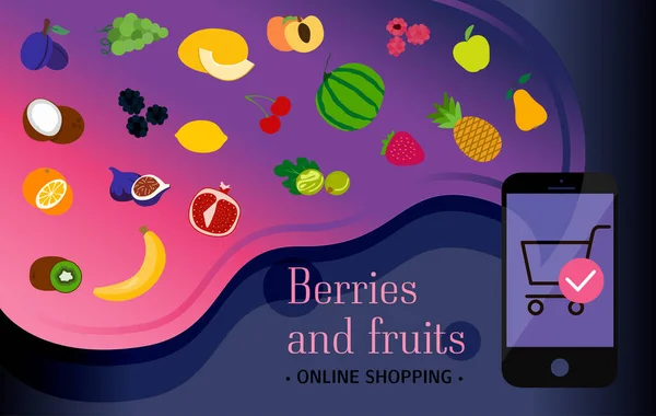 自宅配送でアプリを介して果実や果物の順序でスマートフォンの画面。インターネット上のエコファーム食品の膨大な様々なフラットイラスト。広告のポスター、バナー、 — ストックベクタ