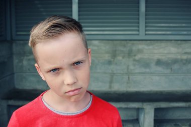 Şirin, mavi gözlü, beyaz, sarışın çocuk üzgün ve sinirli görünüyor. Yüzünde hüzünlü, düşünceli bir ifadeyle bakıyor. Duygusal ifade ifadesi. Hayal kırıklığına uğramış bir çocuğun portresi. Bunaltıcı ruh hali..