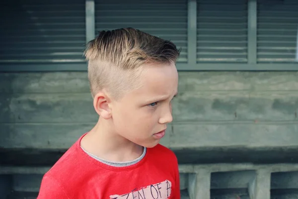 Cute Little Blue Eyed Caucasian Blond Boy Looks Sad Disappointed — Stock Photo, Image