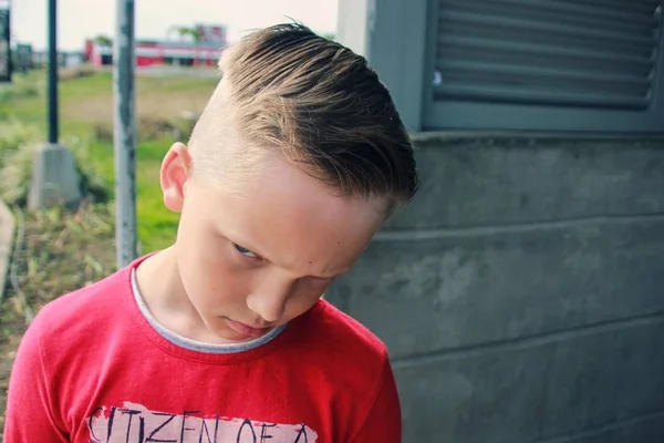 Cute Little Blue Eyed Caucasian Blond Boy Looks Sad Disappointed — Stock Photo, Image