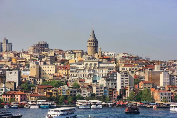 Istanbul City Panorama Famous Galata Tower Hill Numerous Ships Boats — Stock Photo, Image