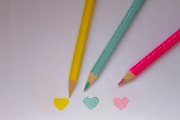 Colored Pencils Drawing Hearts White Background — Stock Photo, Image