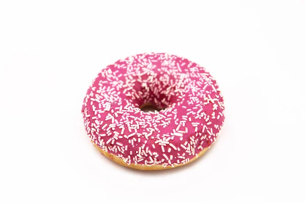Пончик Рожевим Глазур Білими Зморшками Ізольовані Білому Тлі — стокове фото