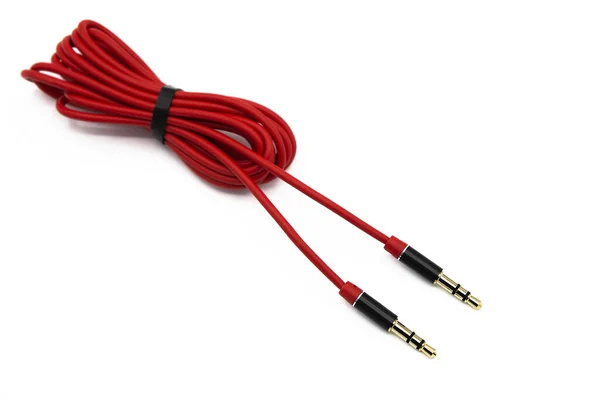 Red Audio Kabel Aux Izolované Bílém Pozadí — Stock fotografie
