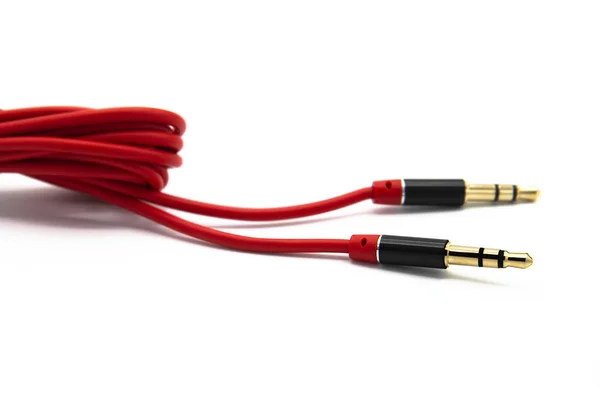 Red Audio Cable Aux Isolated White Background — 스톡 사진