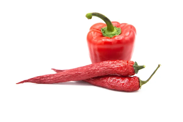 Dried Spicy Red Chili Fresh Sweet Peppers Isolated White Background — Stock Photo, Image