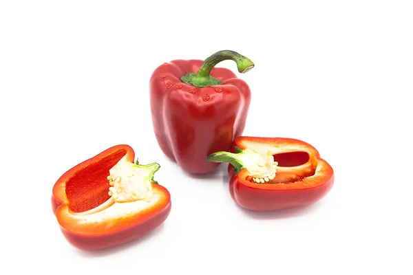 Ripe Fresh Organic Peppers Two Halves Pepper Dew Drops Isolated Stock Image