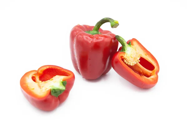 Ripe Fresh Organic Peppers Two Halves Pepper Dew Drops Isolated — Stock Photo, Image