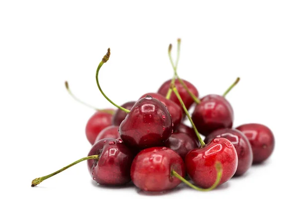 Cerezas Orgánicas Frescas Maduras Gotas Rocío Aisladas Sobre Fondo Blanco —  Fotos de Stock