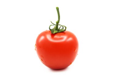 Beyaz arka planda izole edilmiş çiğ damlalarında taze organik domates.