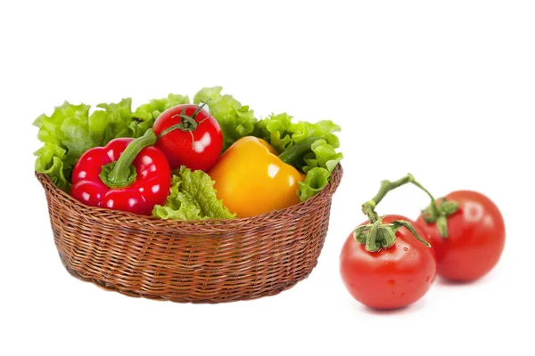 stock image Ripe fresh organic vegetables in a basket and tomatoes on a branch in drops of dew isolated on a white background