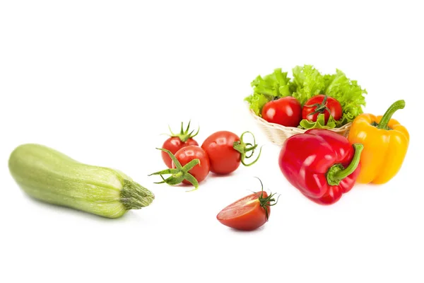 Reifes Frisches Bio Gemüse Tautropfen Isoliert Auf Weißem Hintergrund Tomaten — Stockfoto