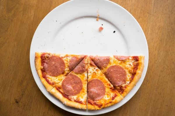 Pizza Salami Białym Talerzu Domu Wykonane Plasterkach — Zdjęcie stockowe