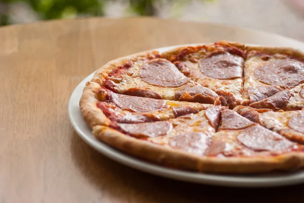 Sliced Salami Pizza White Plate Home Made — Stock Photo, Image