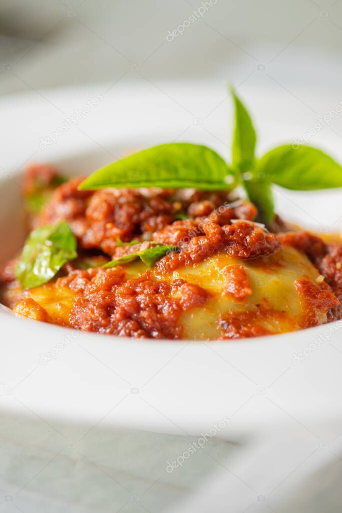 Ravioli with tomato sauce homemade and basil