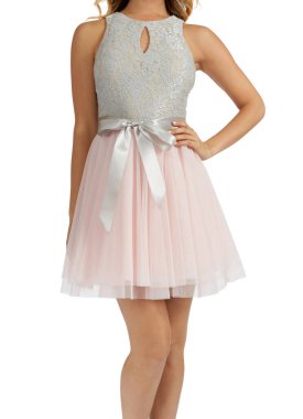 Pembe Bebek Yaz Elbisesi Küçük Prenses Kız Parti Elbisesi ve beyaz ve gri arka planlı güzel Üst