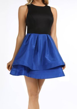 Beyaz arkaplanlı Siyah / Kraliyet Mavisi Parlak Parti Elbisesi, Beyaz arkaplanlı Siyah / Kraliyet Mavisi Üst Katmanlı Parti Elbisesi