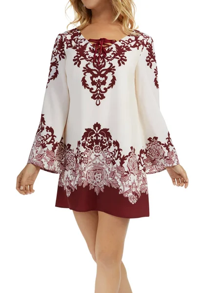 Juniors Sleeveless Scoop Neck Red Border Print Shift white Dress with white background — Stock Photo, Image