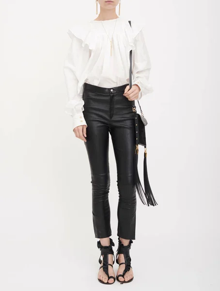 Flats Shoes Jimmy Women, White Solid Blouse, The Row Double-Knot Suede Shoulder Bag Zip, Blouses | Women's Chiffon Blouse, Black Blouse — Stock Photo, Image