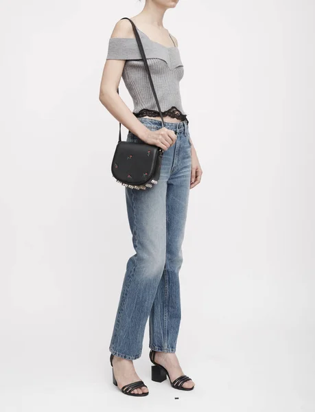 Medium Contrast-trim Lee Satt, Kurt Figer Bags, черный Student Satt Bag for Women, Stella Mccartney Mini Falabella Go Backpack — стоковое фото