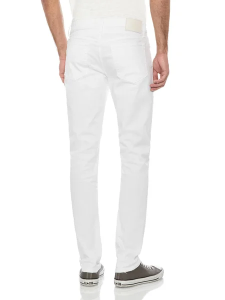 Pantalones de Verano Casuales Mujer Pantalones de Cintura Alta para Mujeres, Mujer en jeans blancos ajustados con zapatos negros, fondo blanco —  Fotos de Stock