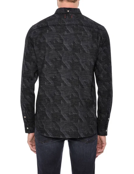 Snygg casual self print skjorta för män, parad med mörkblå denim och vit bakgrund — Stockfoto
