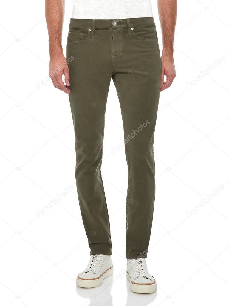Slim fit army green trousers paired with white T-Shirt and white sneakers with white background