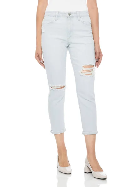 Pantalones de Verano Casuales Mujer Pantalones de Cintura Alta para Mujeres, Mujer en jeans ajustados y tacones, fondo blanco —  Fotos de Stock