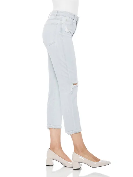 Pantalones de Verano Casuales Mujer Pantalones de Cintura Alta para Mujeres, Mujer en jeans ajustados y tacones, fondo blanco —  Fotos de Stock