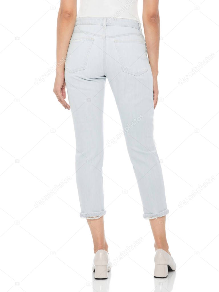 Casual Summer Pants Women High Waist Trousers for Women , Woman in tight jeans and heels, white background