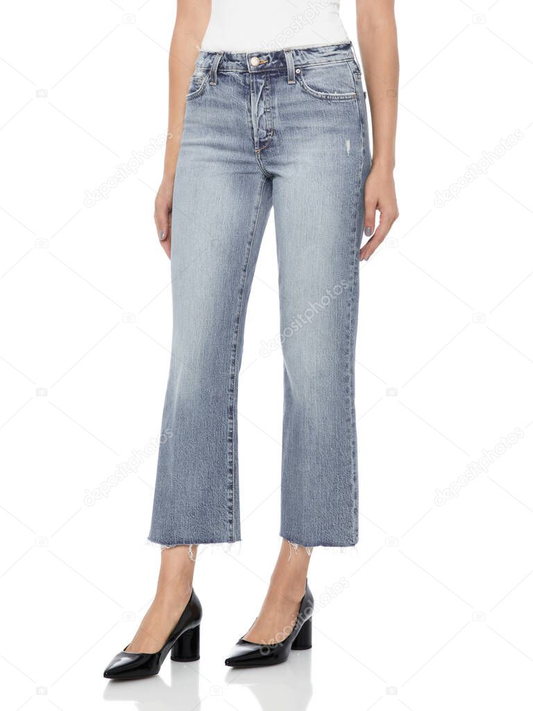 Crease & Clips Slim Women's Light Blue Jeans, Blue casual denim for women’s with design of edges paired with black footwear and white background