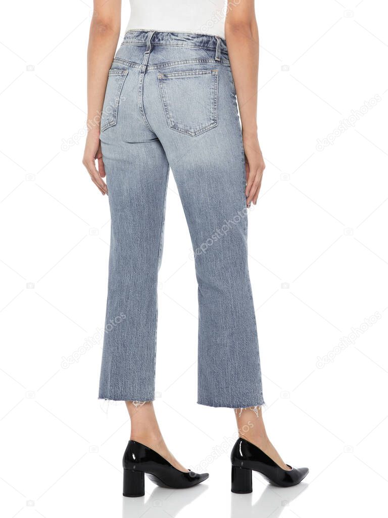 Crease & Clips Slim Women's Light Blue Jeans, Blue casual denim for women’s with design of edges paired with black footwear and white background