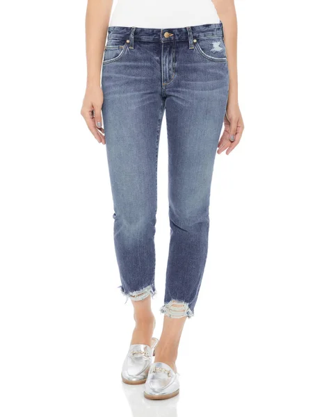 Loren angustiado Rip Knee Skinny Jeans, Blue Wash Cotton Blend Slim Fit Jeans — Foto de Stock