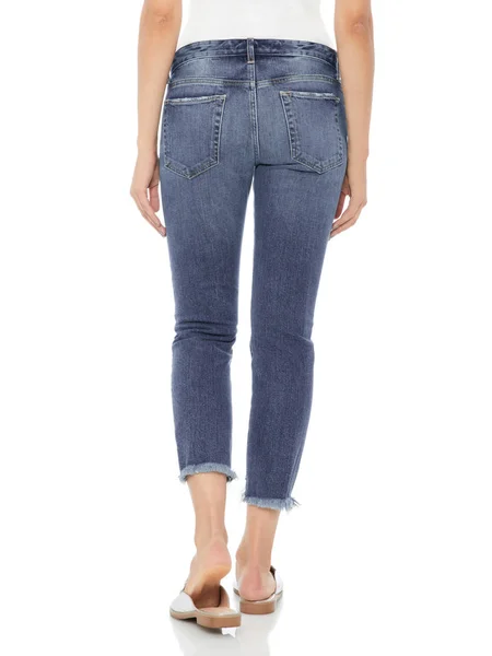 Loren Distressed Rip Knee Skinny Jeans, Niebieska mieszanka bawełny Slim Fit Jeans — Zdjęcie stockowe