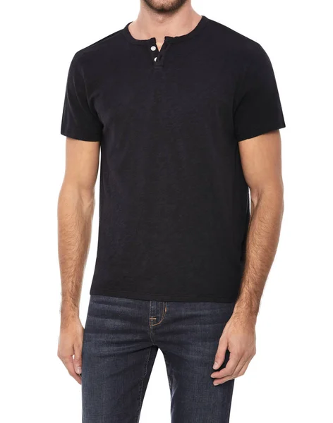 Erkekler için gri tişört koyu mavi kırpılmış kot pantolon ve beyaz arka plan, Siyah yuvarlak yaka yarı kollu erkek tişörtü