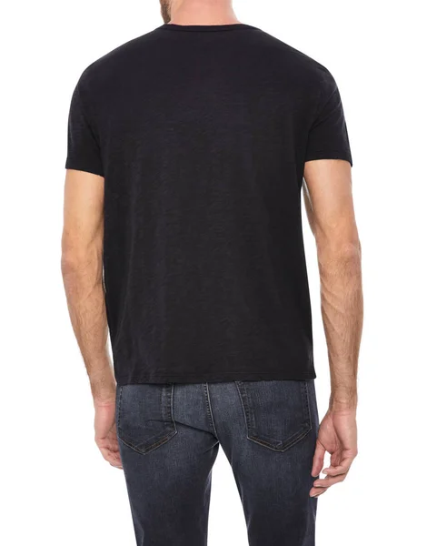 Camiseta gris para hombres emparejada con denim recortado azul oscuro y fondo blanco, camiseta de cuello redondo negro de los hombres de media manga — Foto de Stock