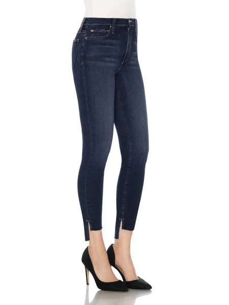 Crease & Clips Slim Women 's Light Blue Jeans, Double Black jeans - Fade Resistant Este vaquero de mediana altura, súper delgado abraza cada contorno del cuerpo, desde la cadera hasta el dobladillo jean Fotos De Stock