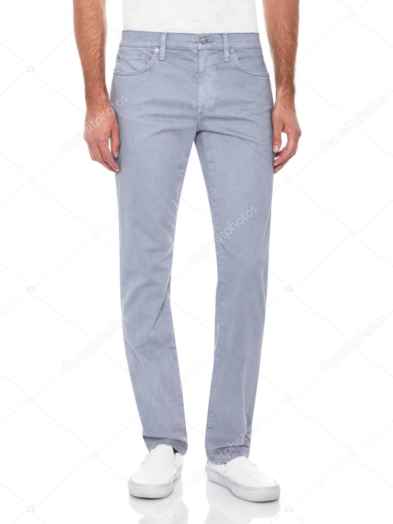 Casual blue denim paired with white casual T-Shirt and white loafers with white background, Basic formal trouser for men’s paired with black casual sneakers and white background
