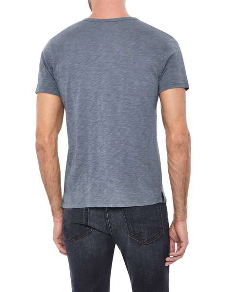 Casual grey T-shirt for men’s paired with dark blue denim and white background — Φωτογραφία Αρχείου