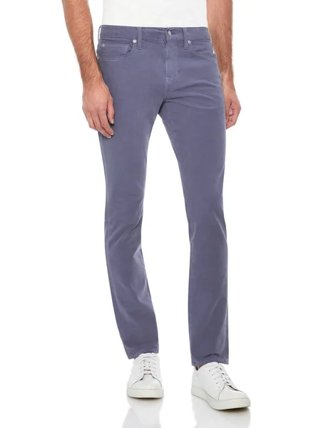 Casual denim azul emparejado con camiseta casual blanca y mocasines blancos con fondo blanco, Pantalón formal básico para hombre emparejado con zapatillas casual negras y fondo blanco — Foto de Stock