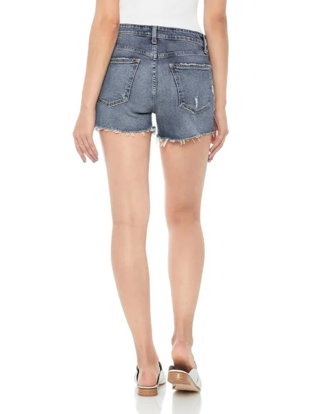 Shorts básicos azuis claros impressos das mulheres, saia de ganga angustiada azul, meia lavagem rasgada Denim Shorts altos para mulheres, Shorts de ganga de cintura alta bomba, lavagem ácida de cintura alta rasgado afligido Shor — Fotografia de Stock