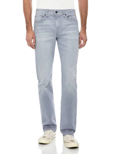 Regular Masculina Stretchable Azul Escuro Slim Fit Jeans com fundo branco, Casual de ganga preta para homens emparelhados com tênis brancos com fundo branco, Casual de ganga azul para homens emparelhados com preto s — Fotografia de Stock