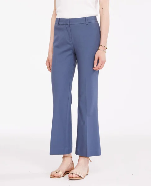 Blue formal pants for women’s paired with white full sleeve T-Shirt and flat footwear with white background — ストック写真