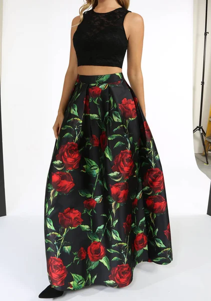 Two-Piece Sleeveless Lace Crop Top and Printed Long Skirt Dress,